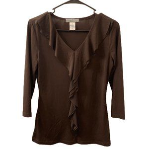 Vintage Suzie Ladies Brown V-Neck Ruffled Blouse Size Small